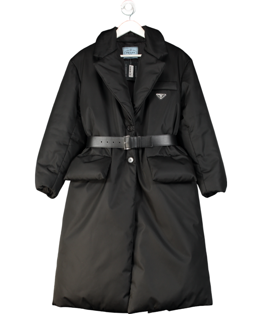 PRADA Black Padded Re-nylon down filled Triangle Logo Puffer Coat with belt UK 4