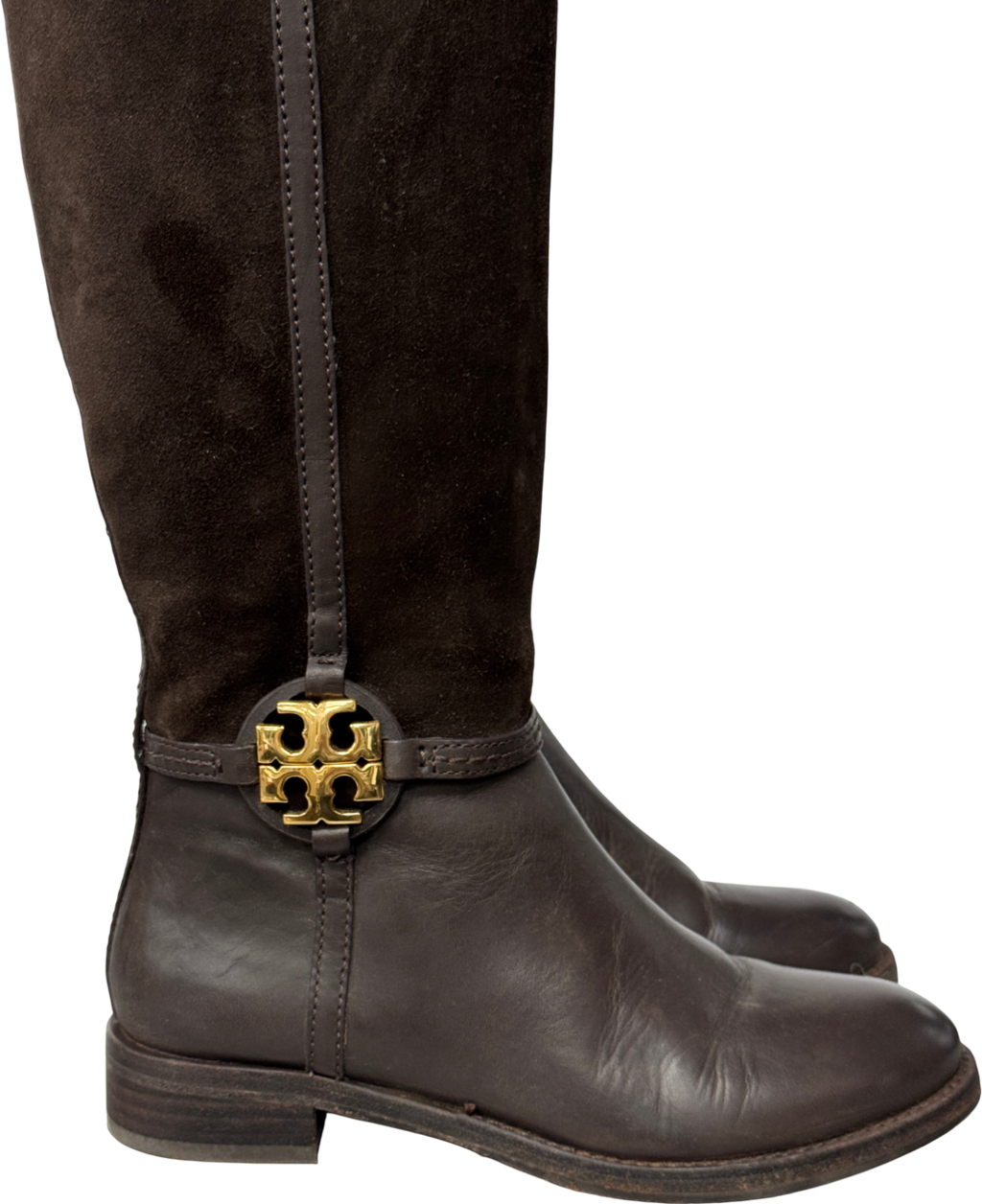 Tory Burch Chocolate Brown Leather And Suede Riding Boots With Gold Logo Hardware Us6 UK 4 EU 37 👠