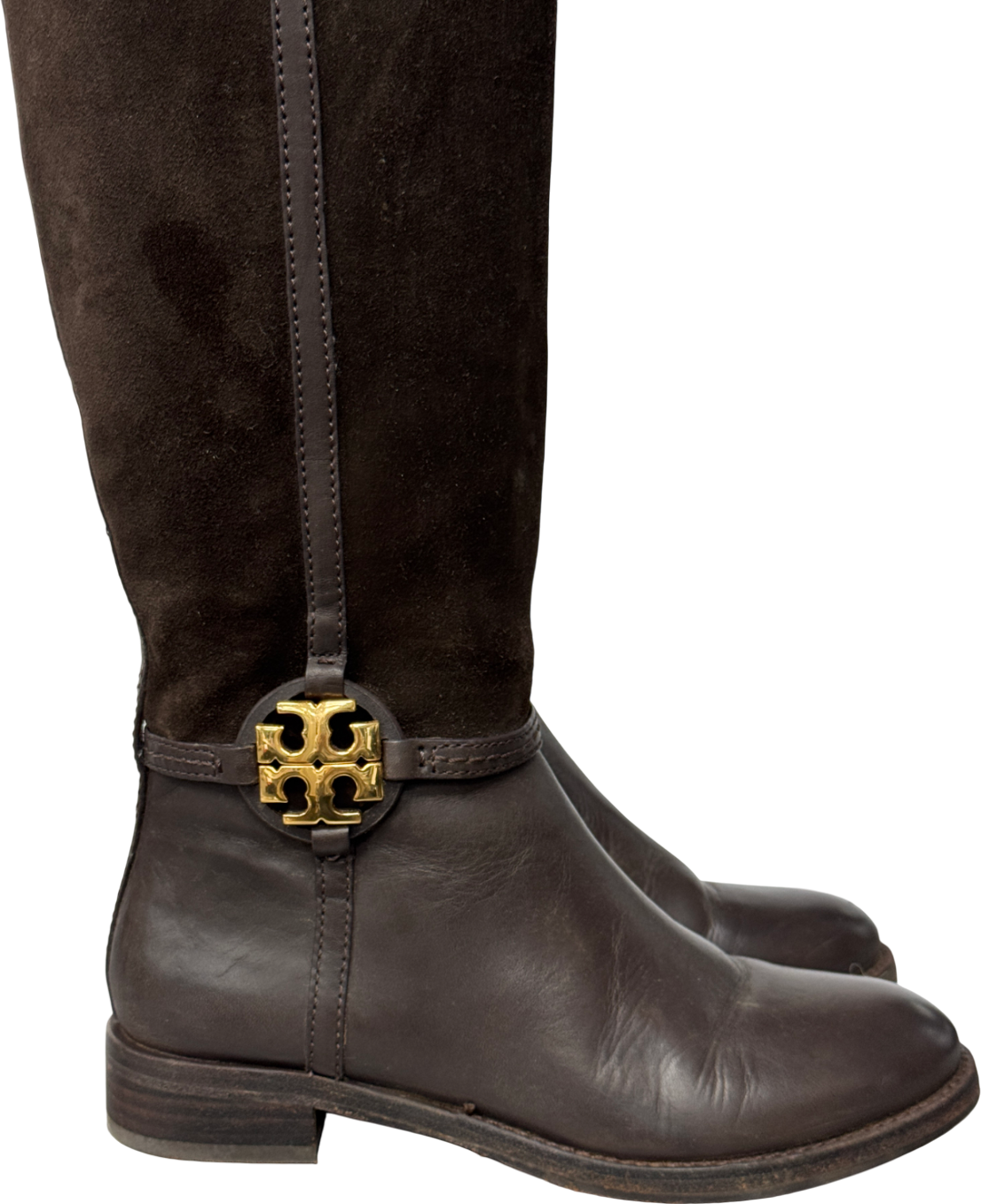 Tory Burch Chocolate Brown Leather And Suede Riding Boots With Gold Logo Hardware Us6 UK 4 EU 37 👠