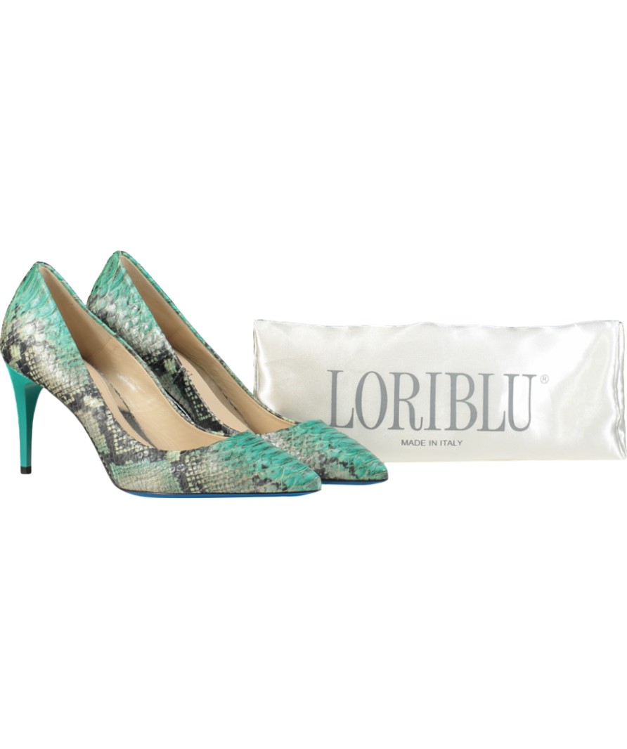 loriblu Green Turquoise Shades Snake Patten Calfskin Pointed Sling Back Heels UK 5 EU 38 👠