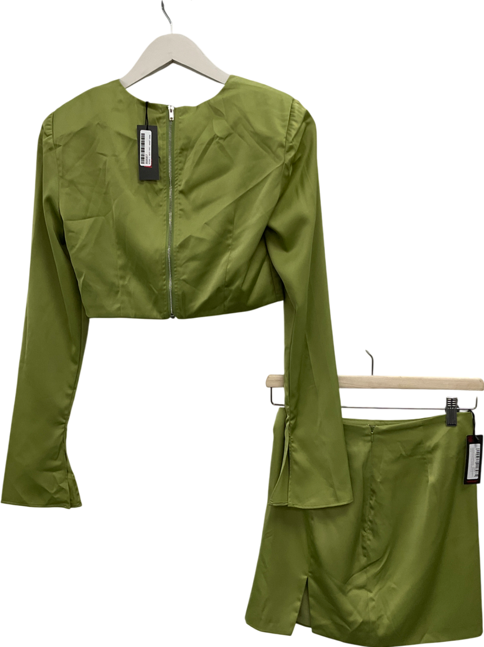 Misspap Green Premium Satin Shoulder Pad Split Skirt Co-ord UK 6