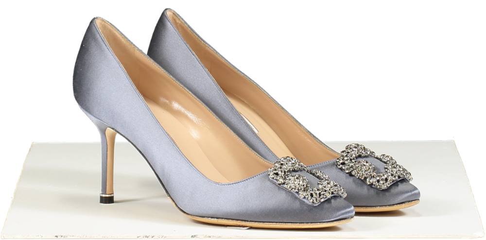 Manolo Blahnik Hangisi 70 Grey Satin Jewel Buckle Pumps UK 5 EU 38 👠