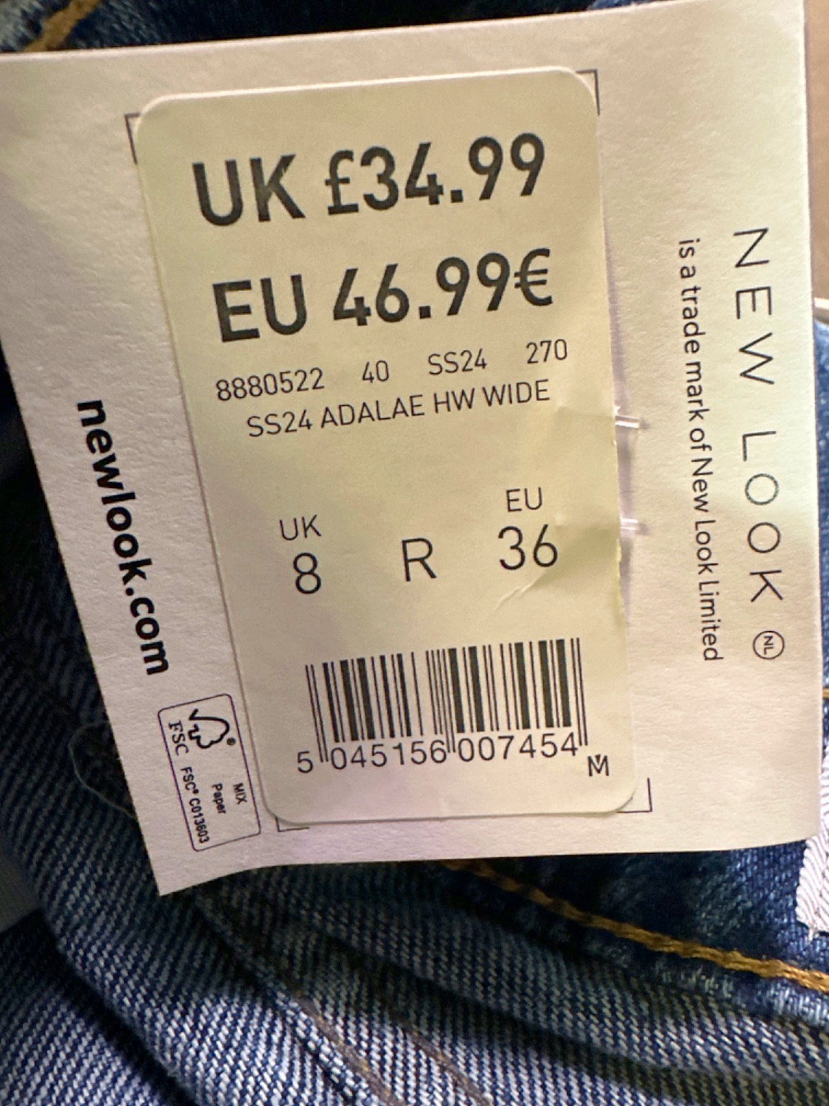 New Look Blue Adalae Wide Leg Jeans UK 8