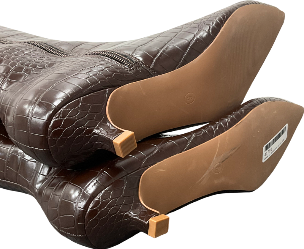 sainsburys TU Patent Brown Croc Design Long Length Kitten Heel Boots UK 6 EU 40 👞