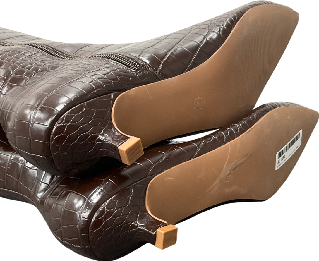 sainsburys TU Patent Brown Croc Design Long Length Kitten Heel Boots UK 6 EU 40 👞