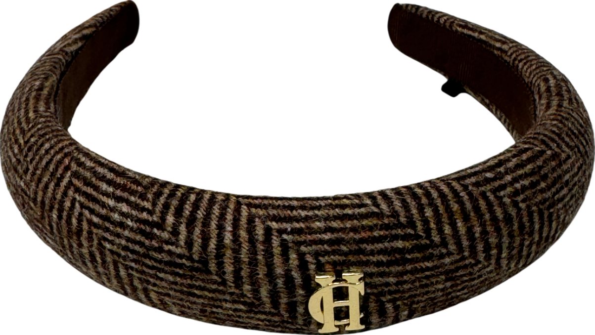 Holland Cooper Brown Herringbone Tweed Headband With Gold Crest Logo One Size