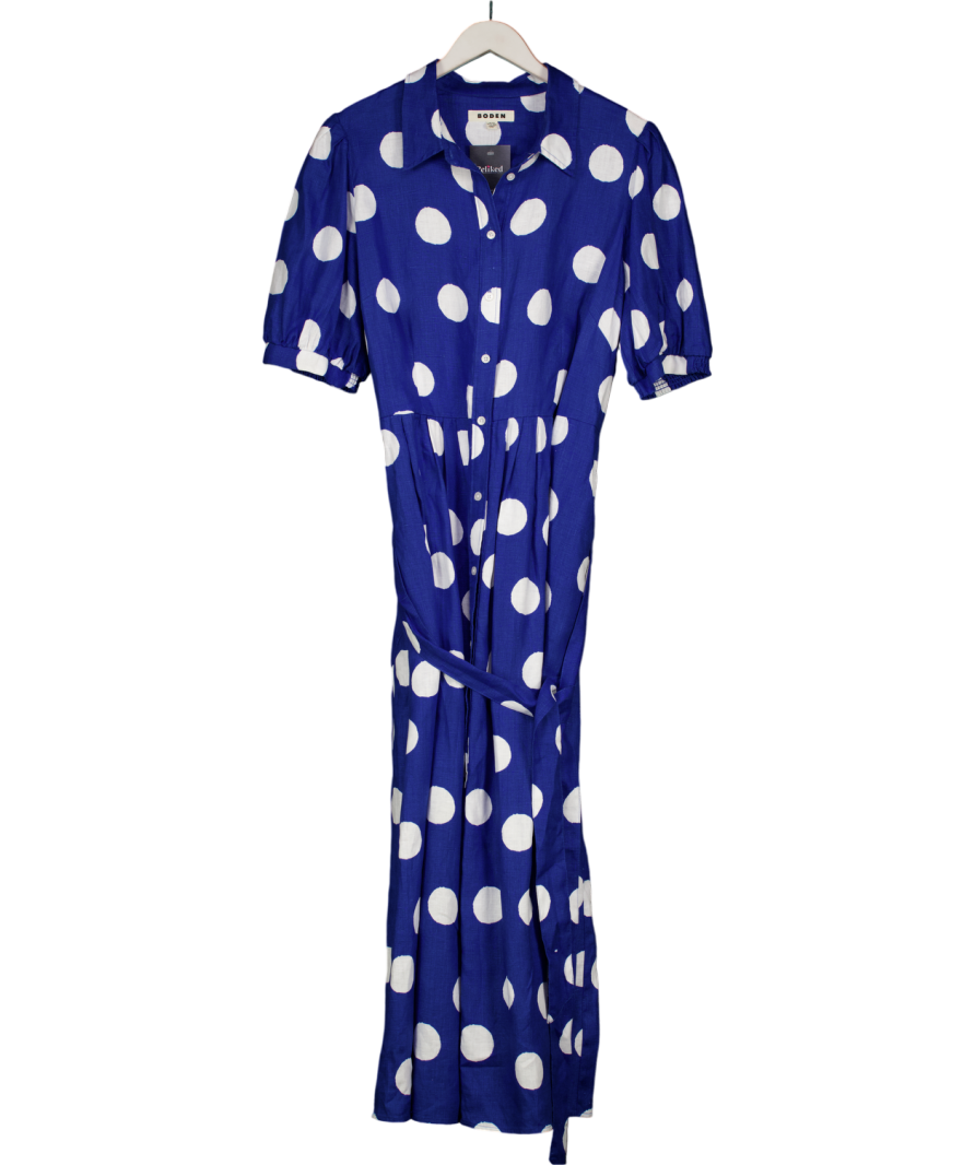 boden Blue Alexa Linen Polka Dot Maxi Shirt Dress UK 22