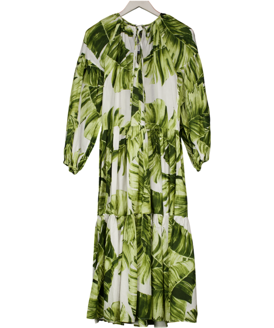 H&M White / Green Palm Leaves Balloon-sleeved Cotton Dress UK XS
