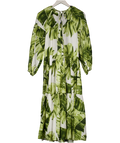 H&M White / Green Palm Leaves Balloon-sleeved Cotton Dress UK XS