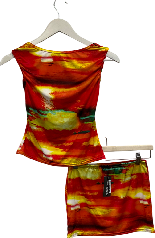 PrettyLittleThing Red Abstract Print Low Rise Slinky Micro Mini Skirt & Open Back Top UK 10