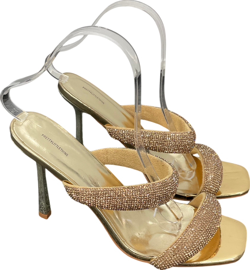PrettyLittleThing Metallic Dimante Square Toe Padded Strap Heeled Sandals UK 8 EU 41 👠
