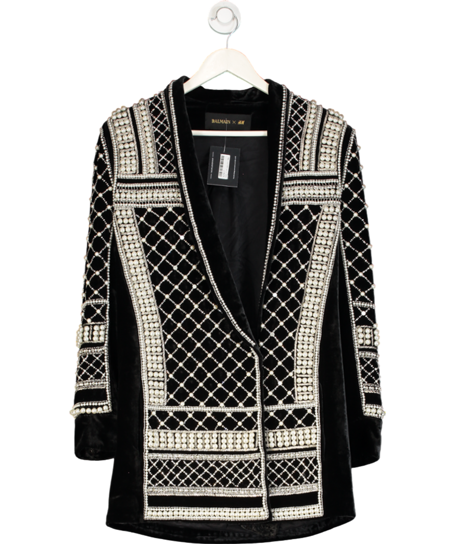 H&M Balmain Black Velvet Pearl & Crystal Embellished Jacket UK 8