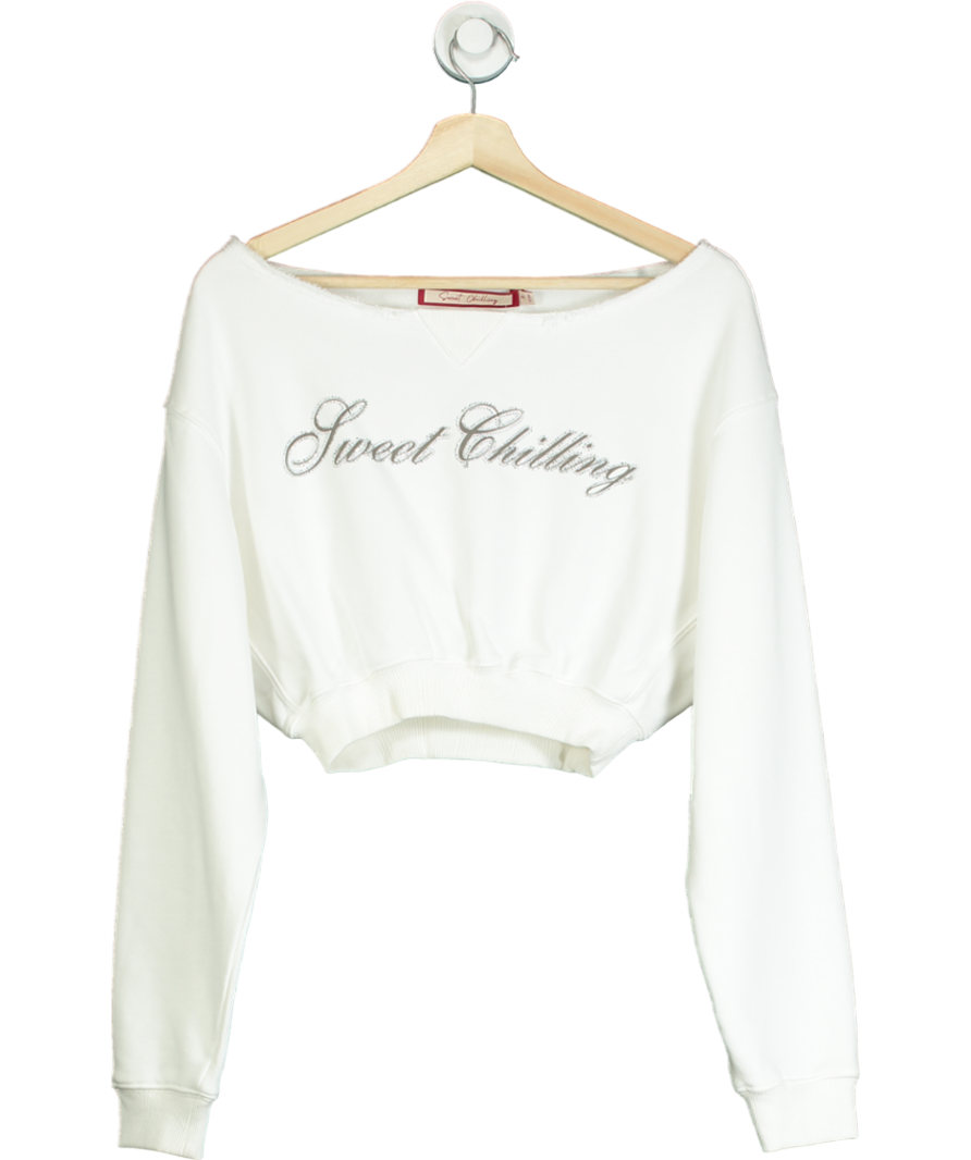 Sweet Chilling White Oversized Off-shoulder Cropped Sweatshirt UK S