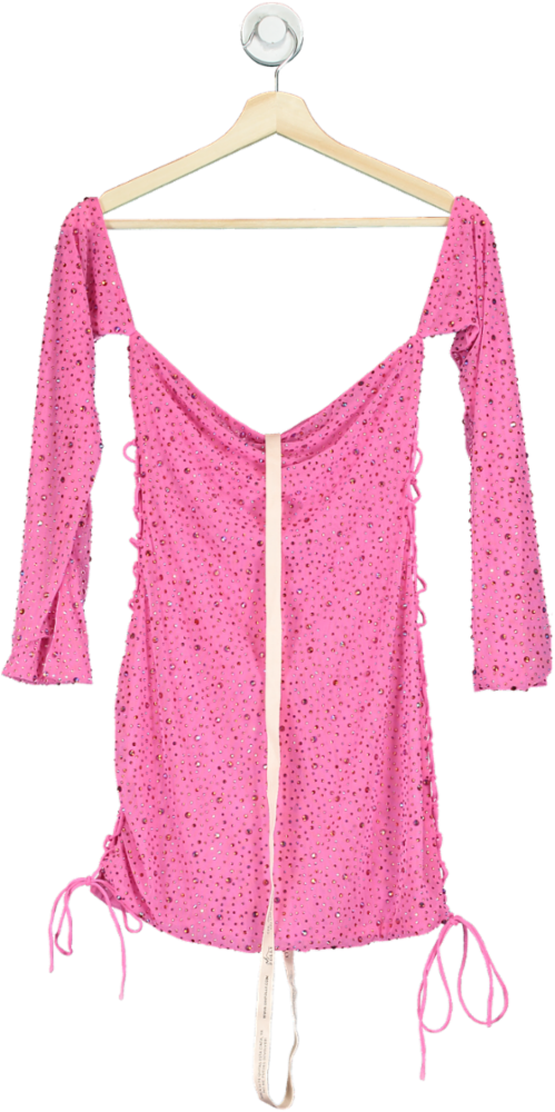 Oh Polly Embellished Lace-Up Off-Shoulder Mini Dress in Bubblegum Pink UK 10