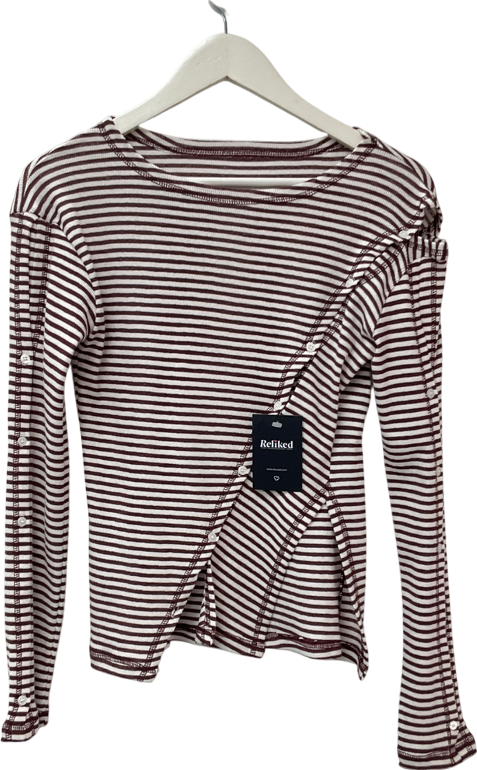 The moon White Diagonal Buttoned Striped Slit Top Burgundy UK S