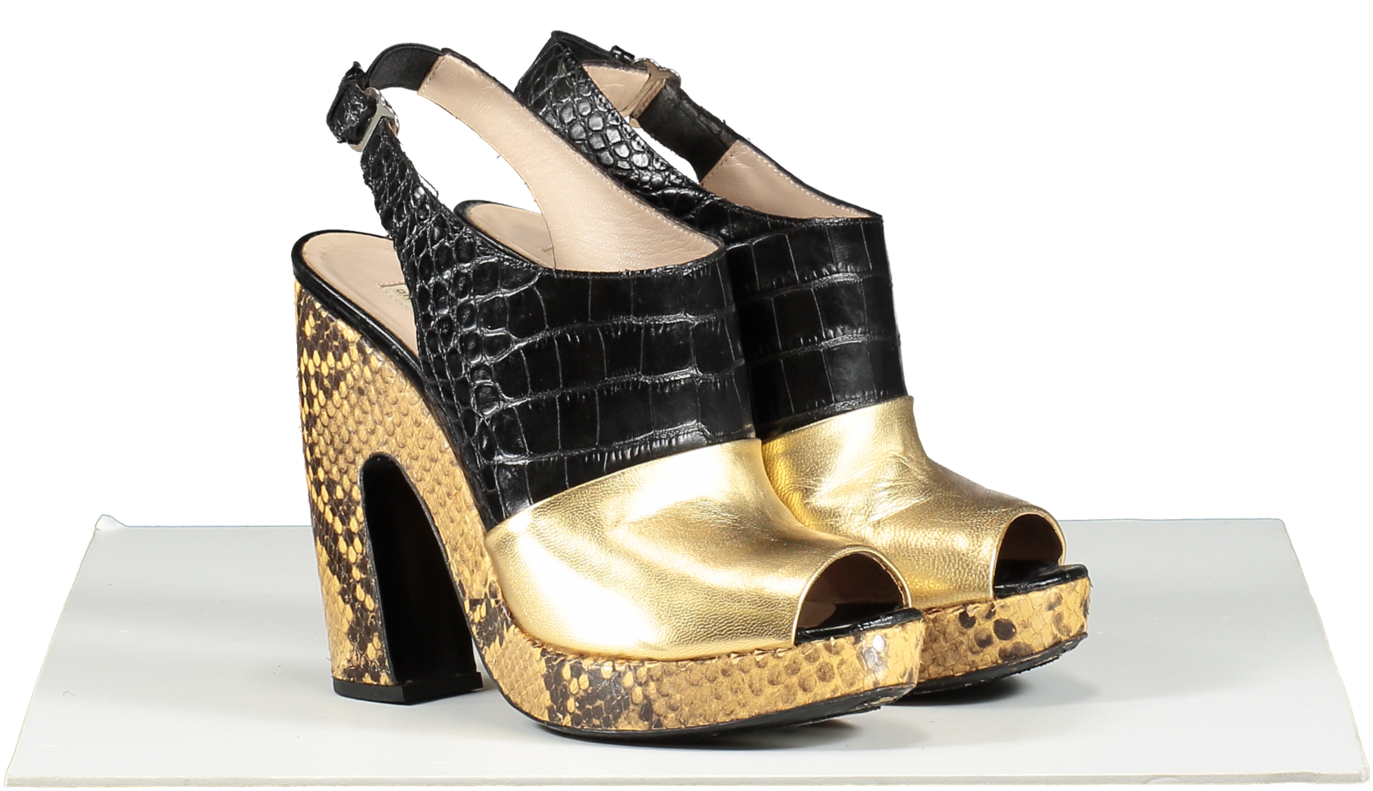 Dries Van Noten Metallic Gold /black Colour Block Python Platform Sandals UK 3 EU 36 👠
