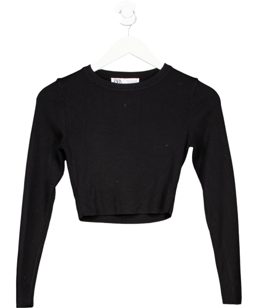 ZARA Black Long Sleeve Ribbed Crop Top UK S