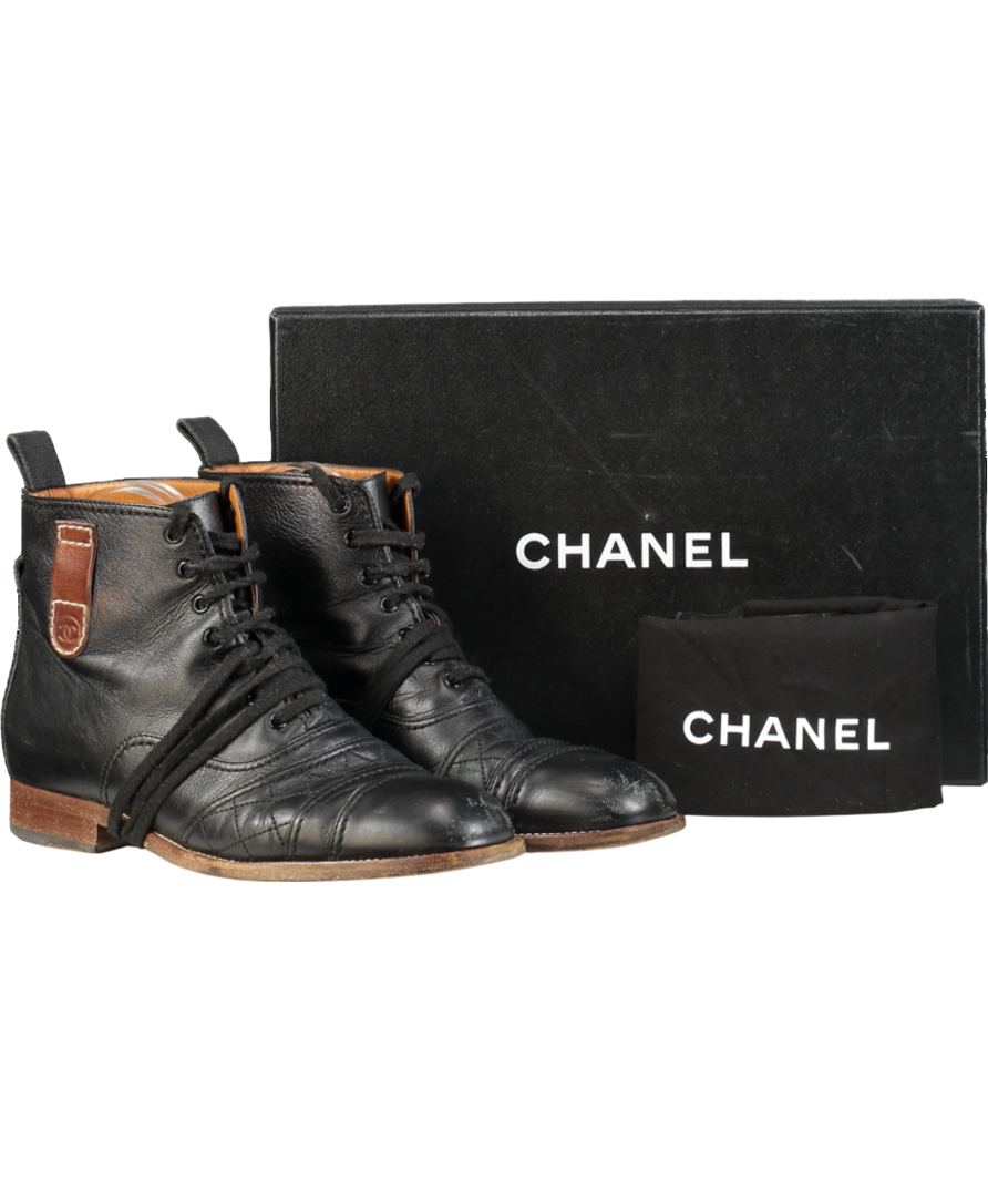 Chanel Black 2014 Interlocking CC Logo Lace-up Boots UK 5 EU 38 👠