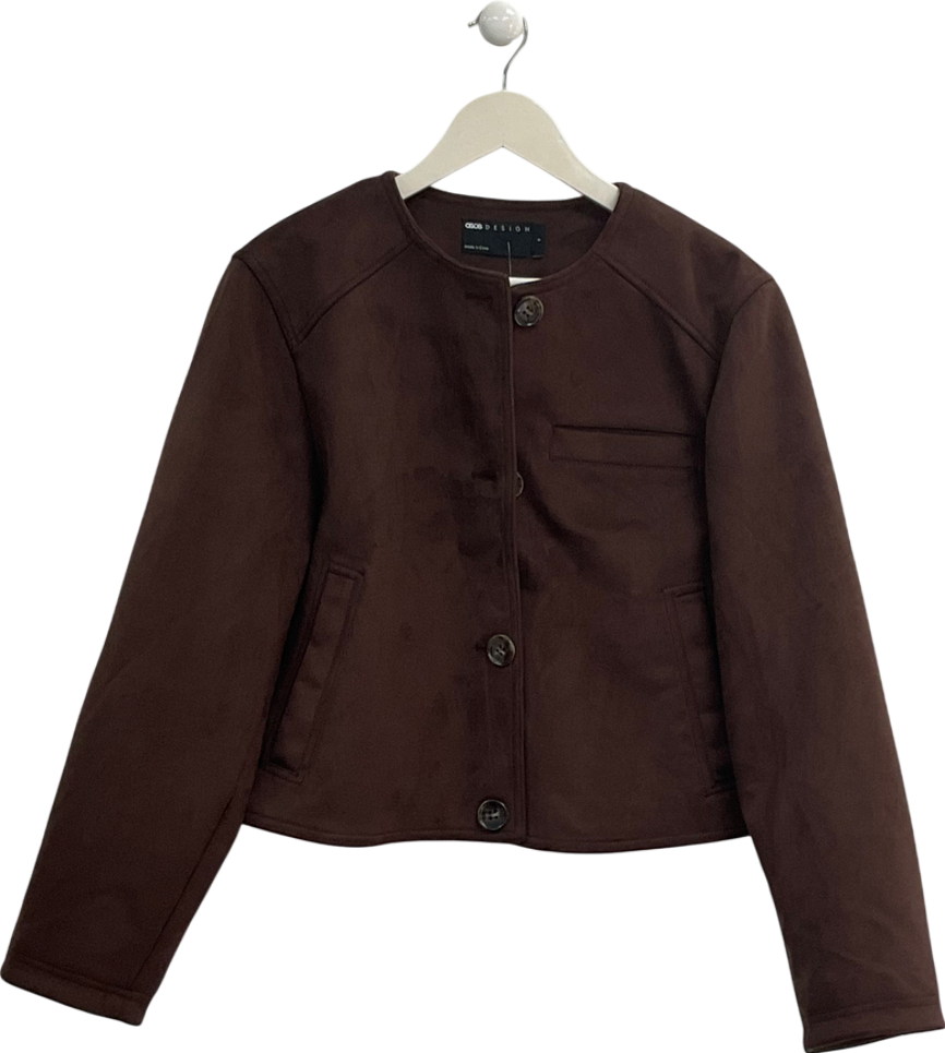 ASOS Brown Collarless Faux Suede Jacket In Chocolate UK S