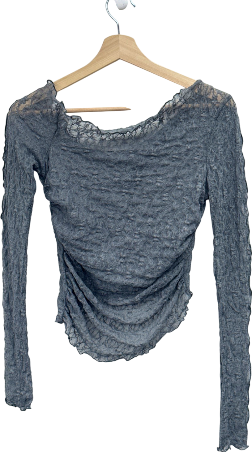 Pretty Little Thing Charcoal Textured Lace Off The Shoulder Long Top UK 8