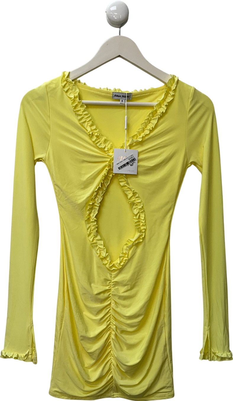 Public Desire Frill Detail Cut Out Ruched Mini Dress Yellow UK 8