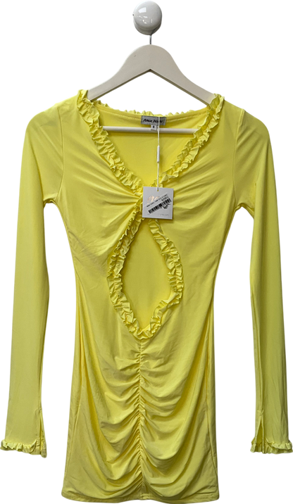 Public Desire Frill Detail Cut Out Ruched Mini Dress Yellow UK 8