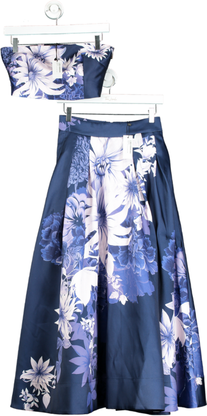 Karen Millen Navy Large Scale Floral Print Woven Corset Top and Skirt Set UK 6