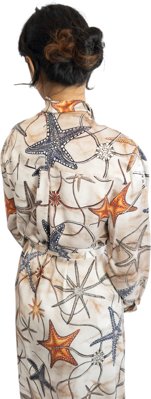 AQUA & ROCK Beige Stella Marine Silk Printed Wrap Dress UK XL