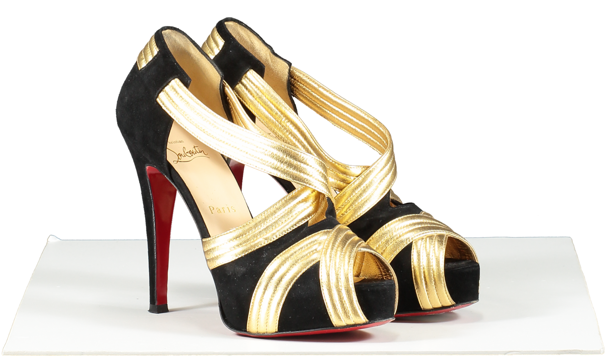 Christian Louboutin Black / Gold Suede And Leather Cross Front Platform Peep Toe Pumps UK 3.5 EU 36.5 👠