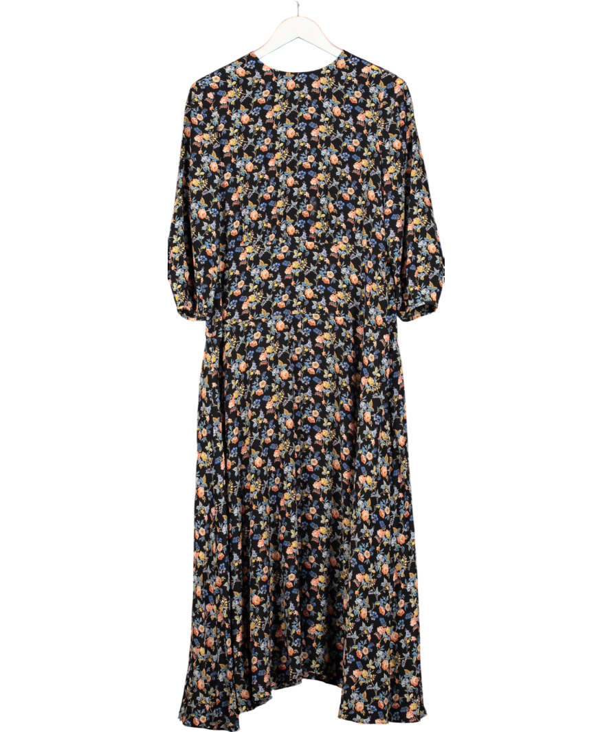 Les reveries Black Rose Floral Print Silk Crepe De Chine Maxi Dress UK 6