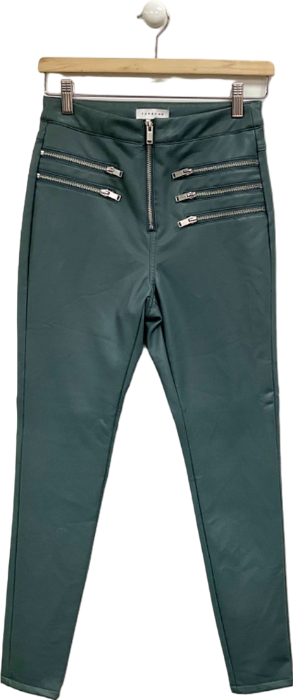 Topshop Green High-Waisted Zip Detail Trousers UK 8