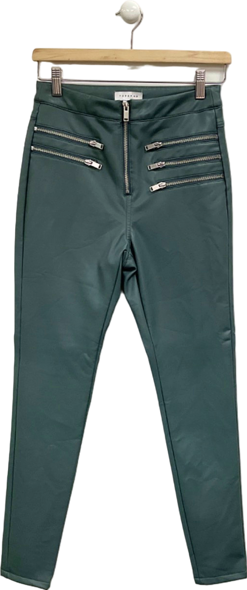 Topshop Green High-Waisted Zip Detail Trousers UK 8