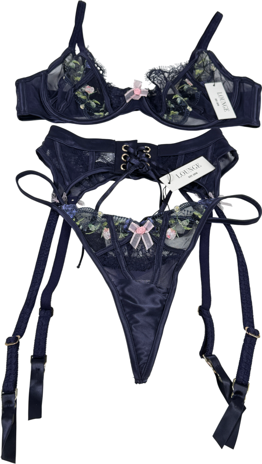 Lounge Underwear 3-piece Navy Blue Lace Floral Intimates Bra 34d/knicker/suspender Set UK XS