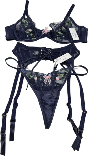 Lounge Underwear 3-piece Navy Blue Lace Floral Intimates Bra 34d/knicker/suspender Set UK XS