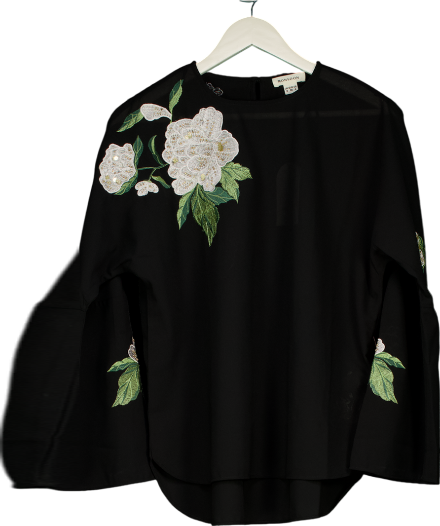 Monsoon Black Embroidered Flower Shirt UK 8