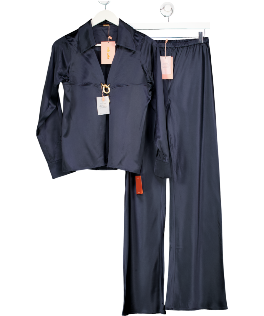 Cult Gaia 2-piece Navy Blue  Yoona Chain-embellished Satin Tops Trousers Set UK S