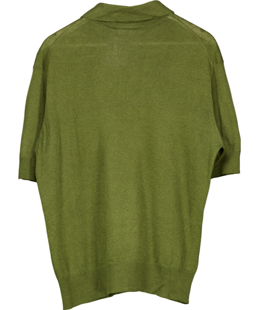 Drake's Green Knitted Linen Cotton Short Sleeve Polo Shirt UK M