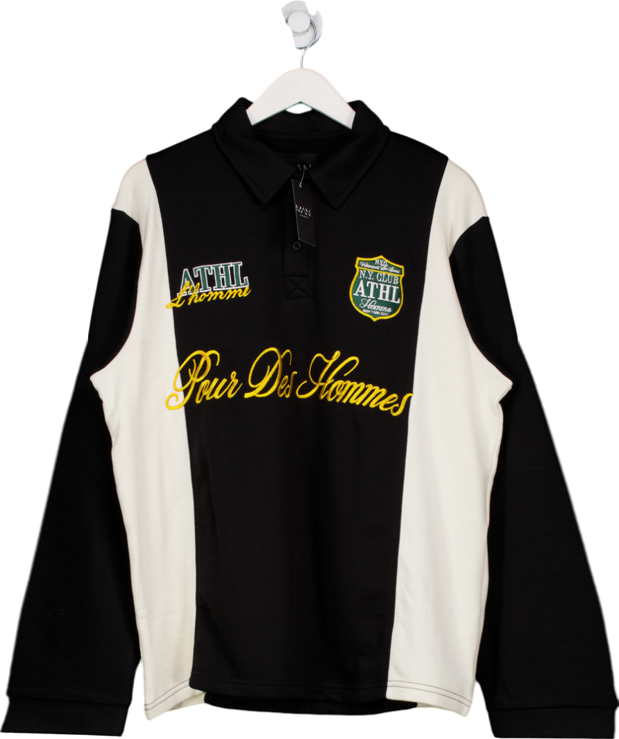 boohooMan Black Stripe Rugby Polo Shirt UK L