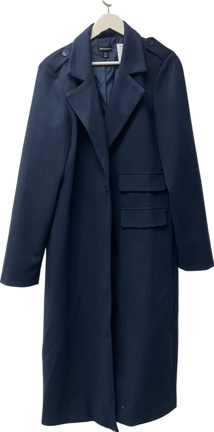 PrettyLittleThing Blue Navy Textured Wool Look Double Pocket Coat UK 14