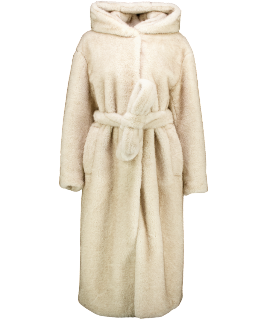 ZARA Cream Zw Collection Faux Fur Coat With Hood & Belt Ecru UK M