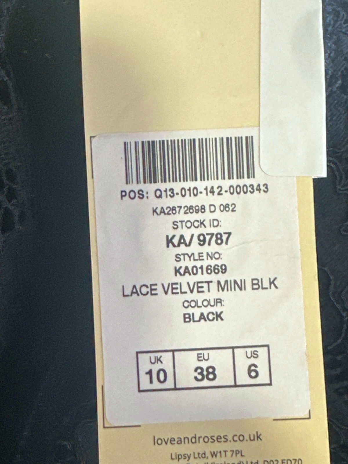 Love & Roses Black Lace Velvet Mini Dress UK 10