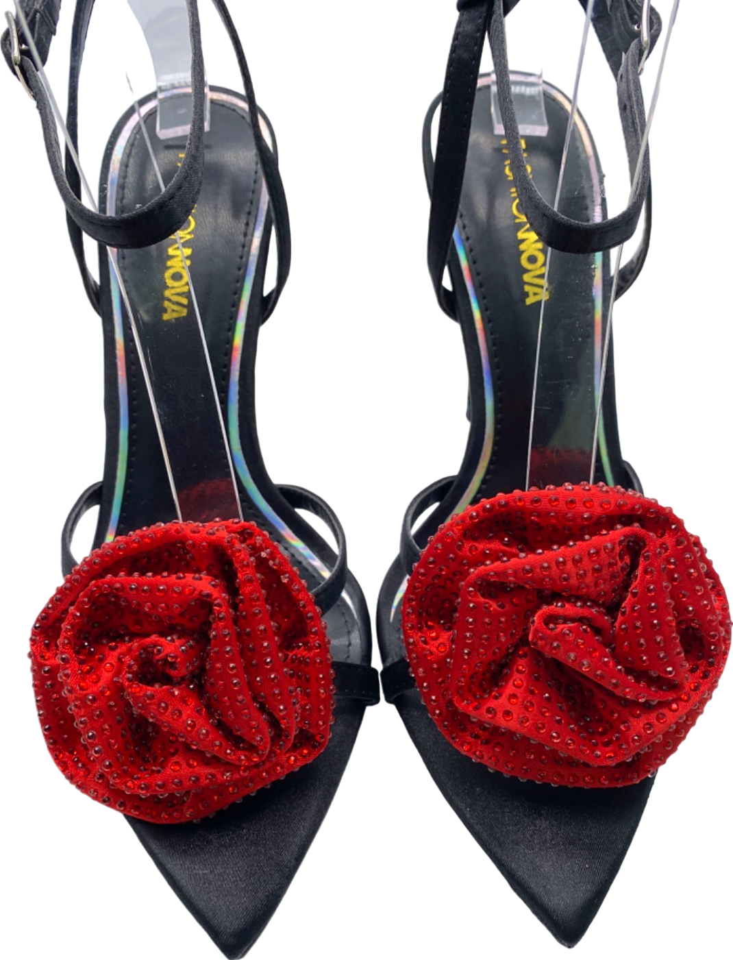 Fashion Nova Black Red Floral Embellished Heels UK 4