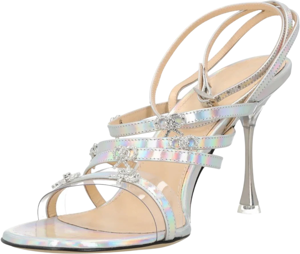 MACH & MACH Metallic Silver Iridescent Leather Crystal Bow Sandals UK 6 EU 39