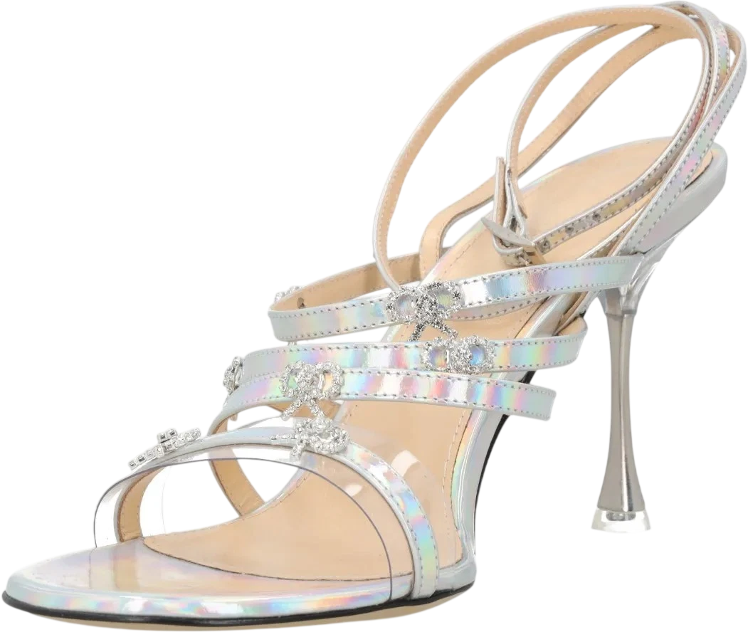 MACH & MACH Metallic Silver Iridescent Leather Crystal Bow Sandals UK 6 EU 39