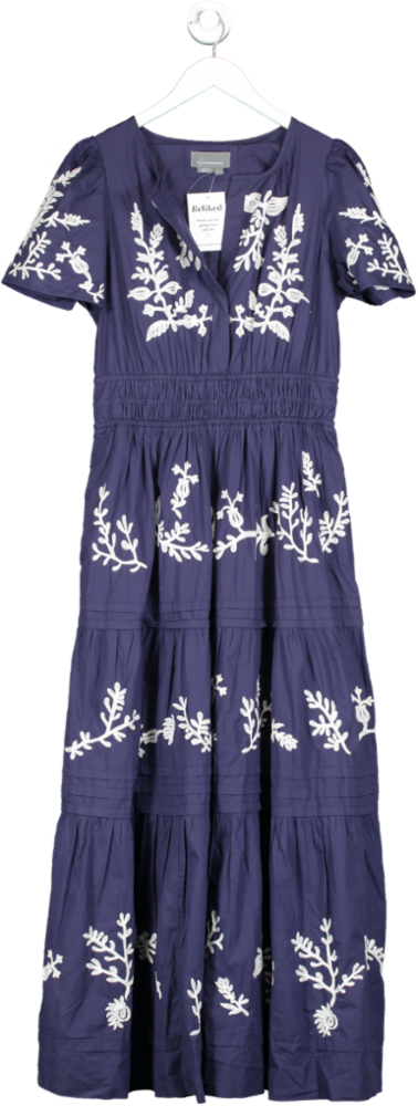 Anthropologie The Somerset Collection Navy Blue Embroidered Midi Dress   UK M