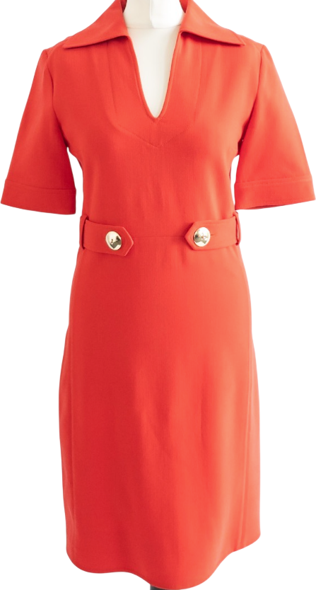 Emilio Pucci Red Wool Bend Notch Neck Shift Dress With Gold Logo Buttons UK 8