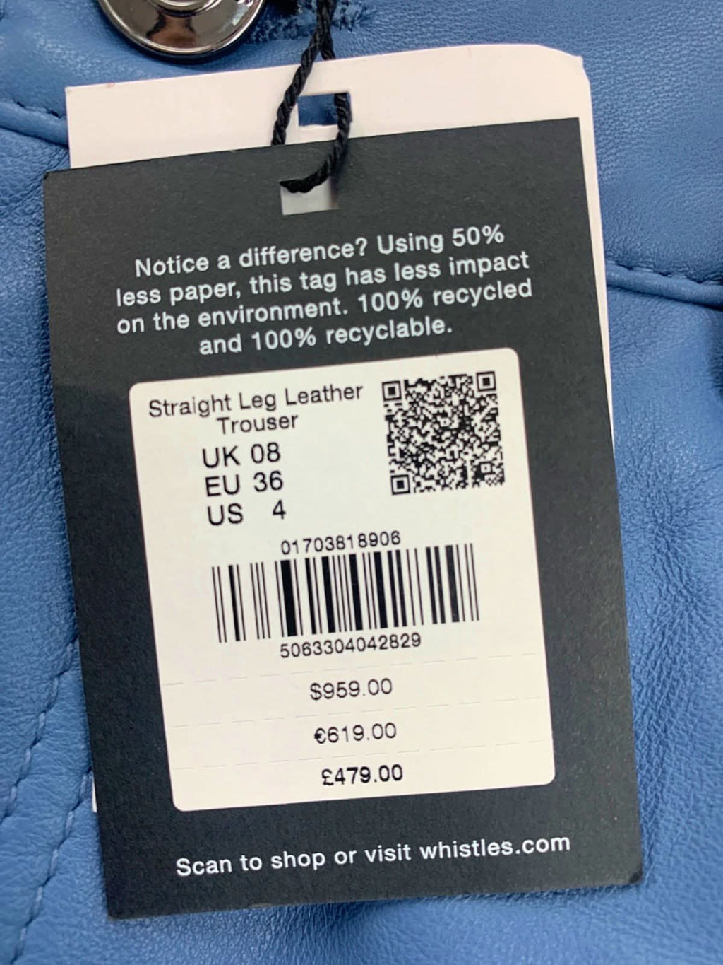 Whistles Blue Straight Leg Leather Trouser UK 08