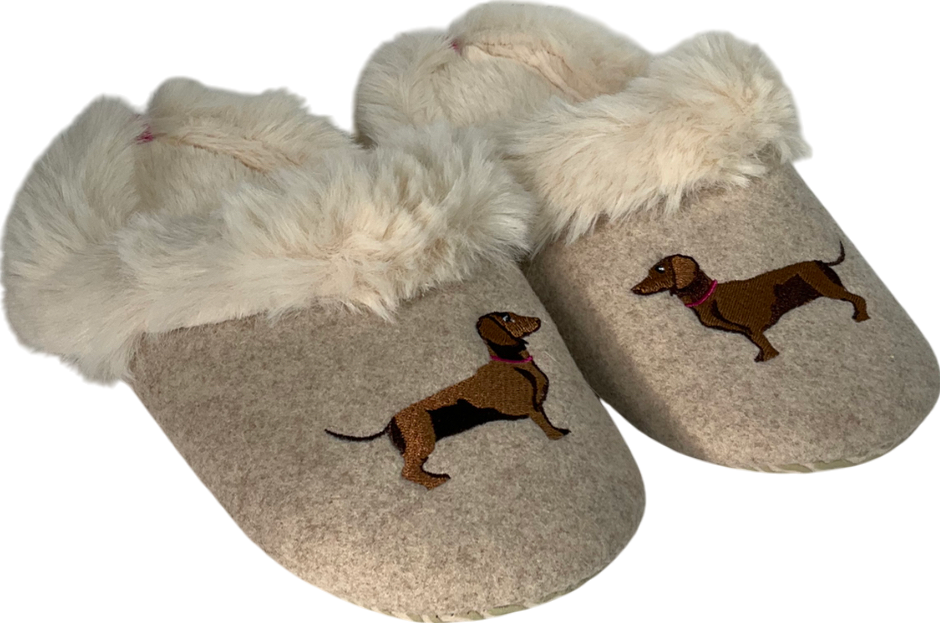 joules Beige Natural Dachshund Embroided Slippers UK 4 EU 37 👠