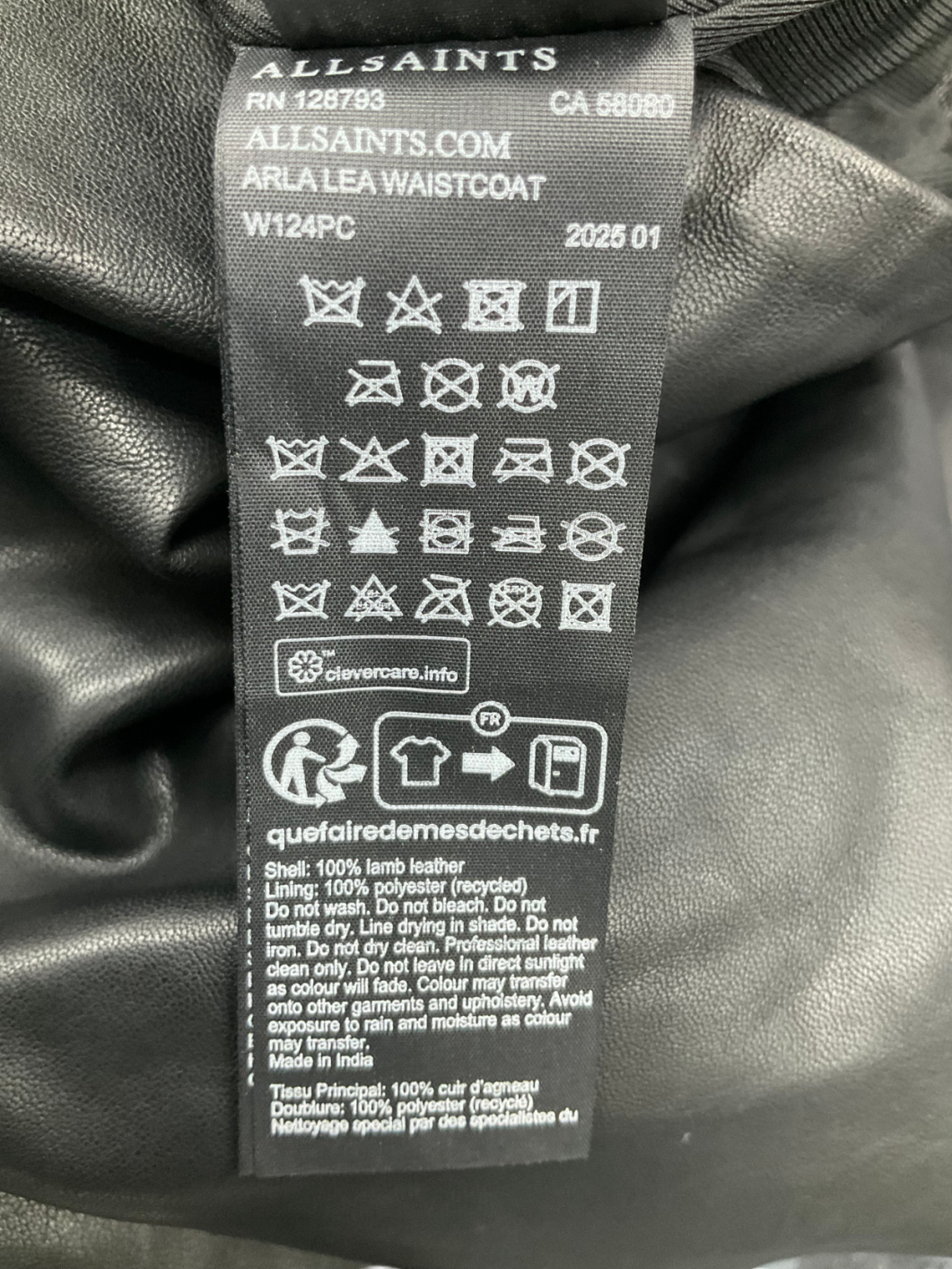 All Saints Black Arla Lea Leather Waistcoat UK 6