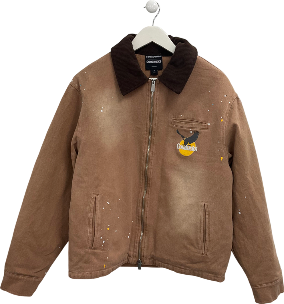 boohooMan Brown Coolkicks Graphic Twill Worker Jacket UK M